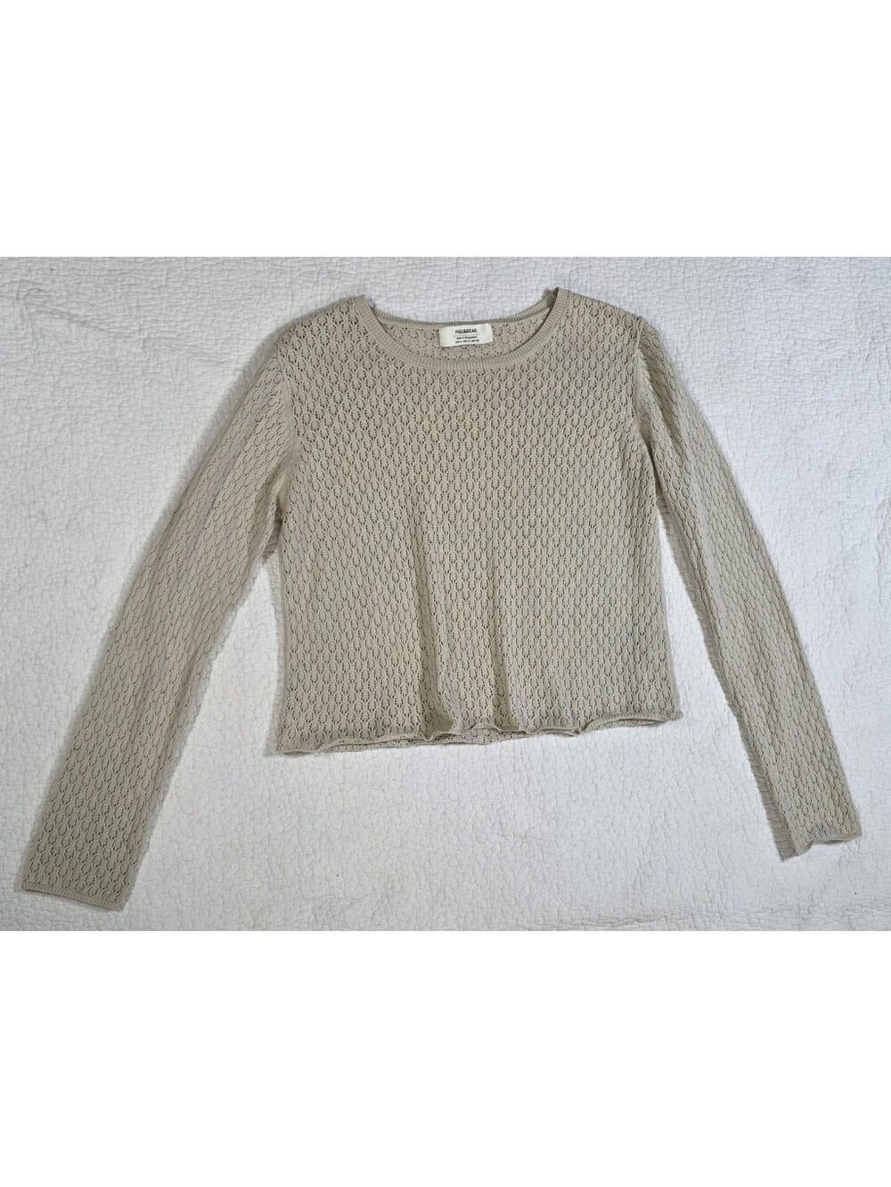 Pull&Bear Beige Pointelle Openwork Knit Cropped Long Sleeve Sweater